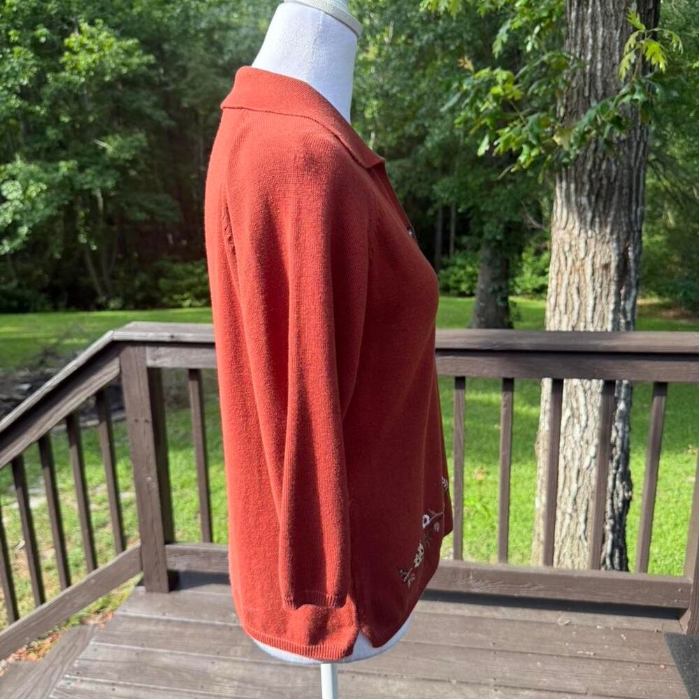 Teddi Rust Embroidered Knit Polo Sweater Cottagecore Autumn Floral Fall - Picture 6 of 8